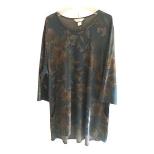 CJ Banks Tunic Sz 1X Teal Knit Pockets  Button Back Floral NWT Poly Rayon Blend